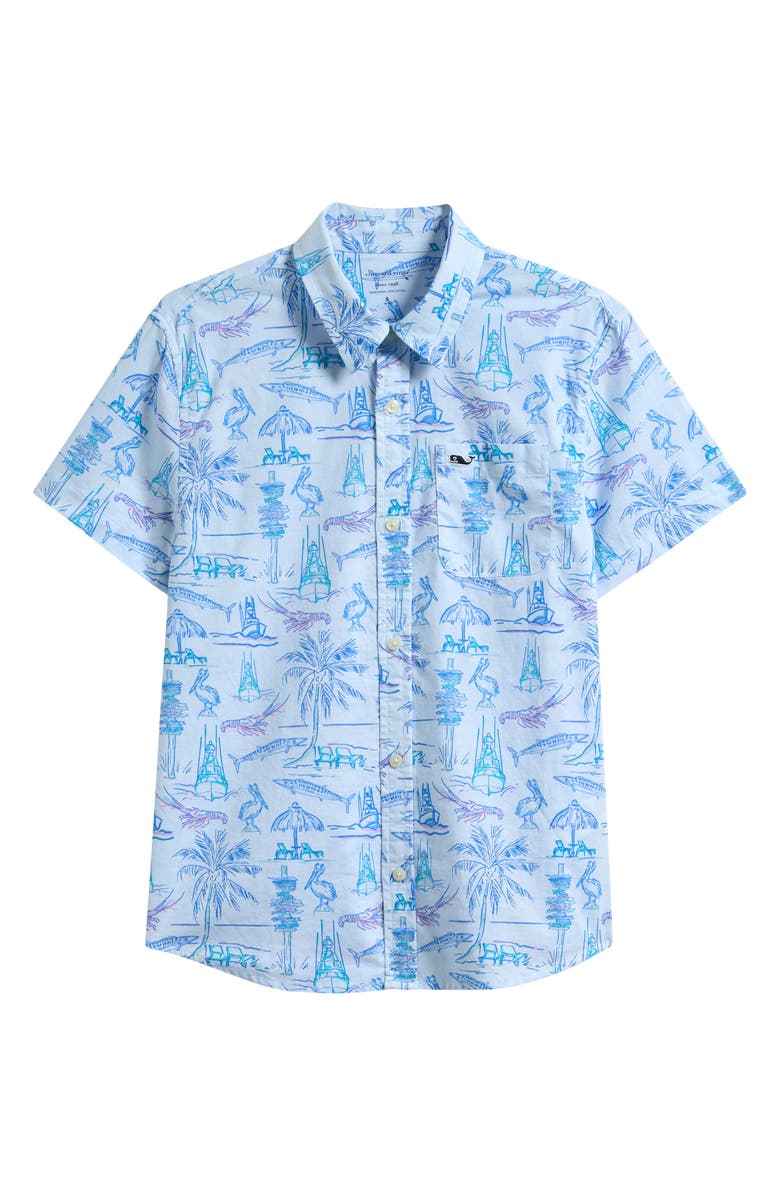 vineyard vines Kids' Key West Scene Print Short Sleeve Cotton Shirt, Main, color, Ice Water