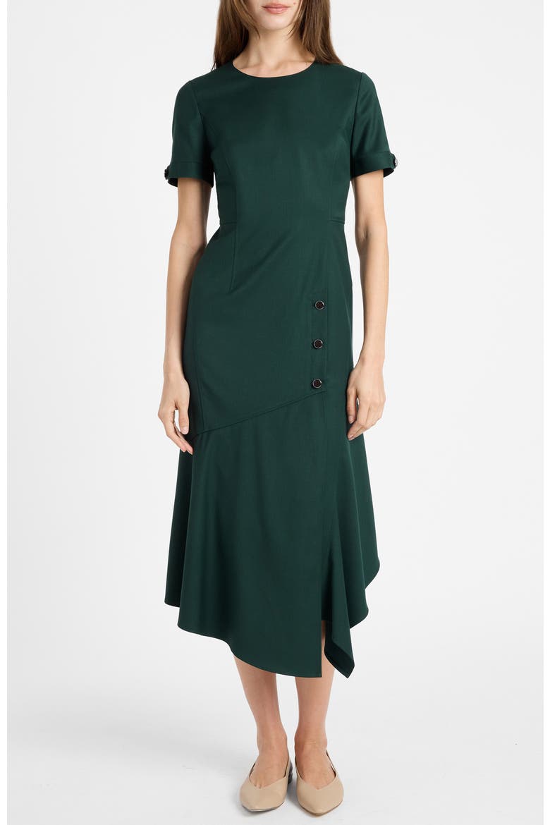 Raine Short Sleeve Hi-Lo Midi Dress in Soft Stretch Twill, Main, color, Evergreen