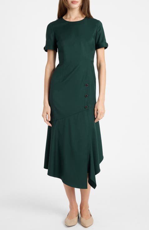 Raine Short Sleeve Hi-Lo Midi Dress in Soft Stretch Twill
