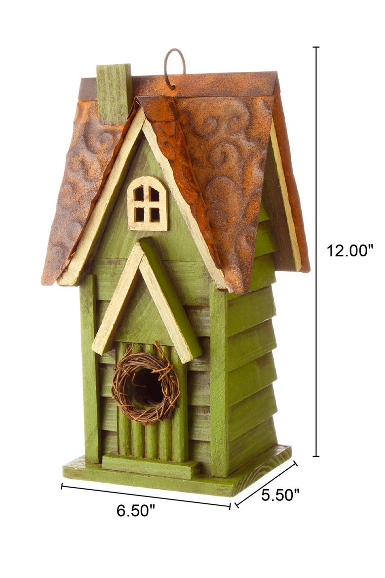 12"H Retro Distressed Painted Solid Wood Cottage Birdhouse, Alternate, color, Green