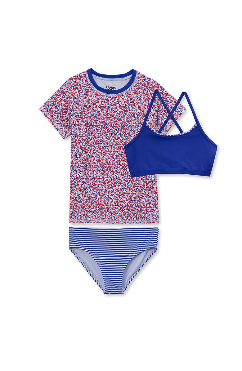 Lands' End Girls Chlorine Resistant Short Sleeve Rash Guard Swim Top and Bikini Set, Main, color, Red/White/Blue Floral