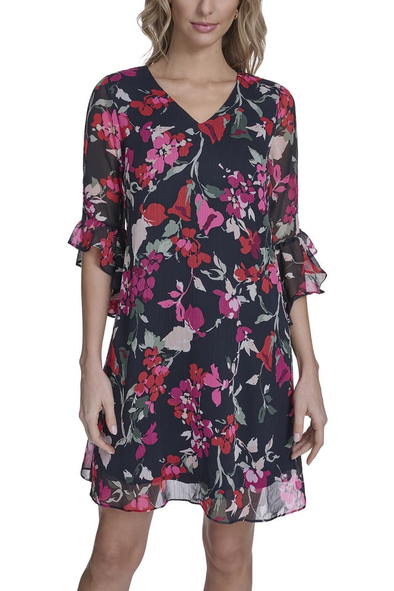 Floral Chiffon Dress, Alternate, color, INDIGO MULTI