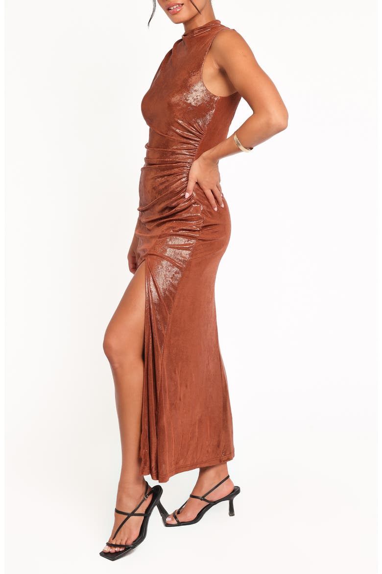 Emerie Ruched Metallic Sleeveless Maxi Dress, Alternate, color, BRONZE