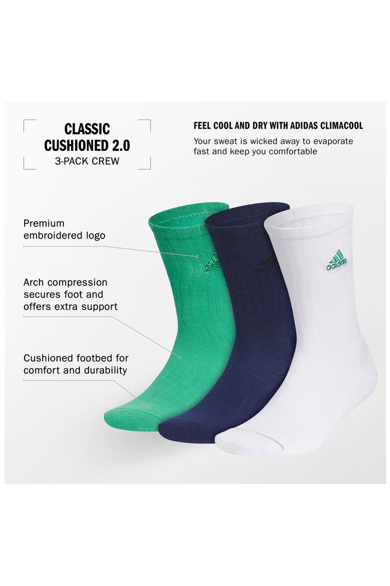 Assorted 3-Pack Classic Cushioned 2.0 Performance Crew Socks, Alternate, color, SEMI COURT GREEN/DARK BLUE/WHITE