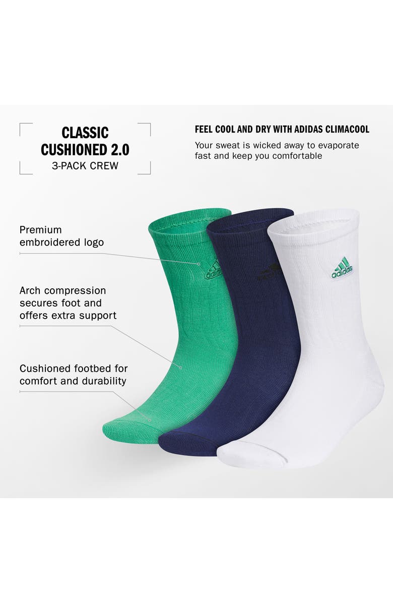 adidas Assorted 3-Pack Classic Cushioned 2.0 Performance Crew Socks, Alternate, color, Court Green/ Dark Blue/ White