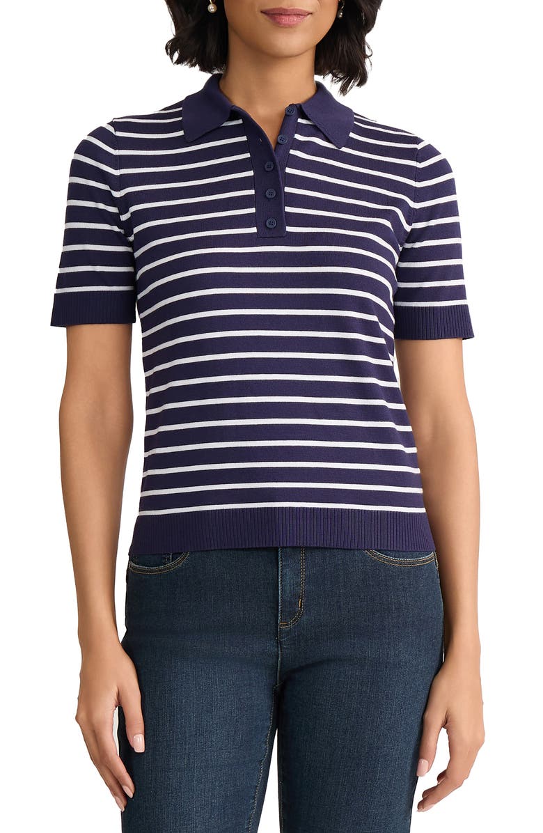 Jones New York Stripe Short Sleeve Polo, Main, color, Pacific Navy / Natural White