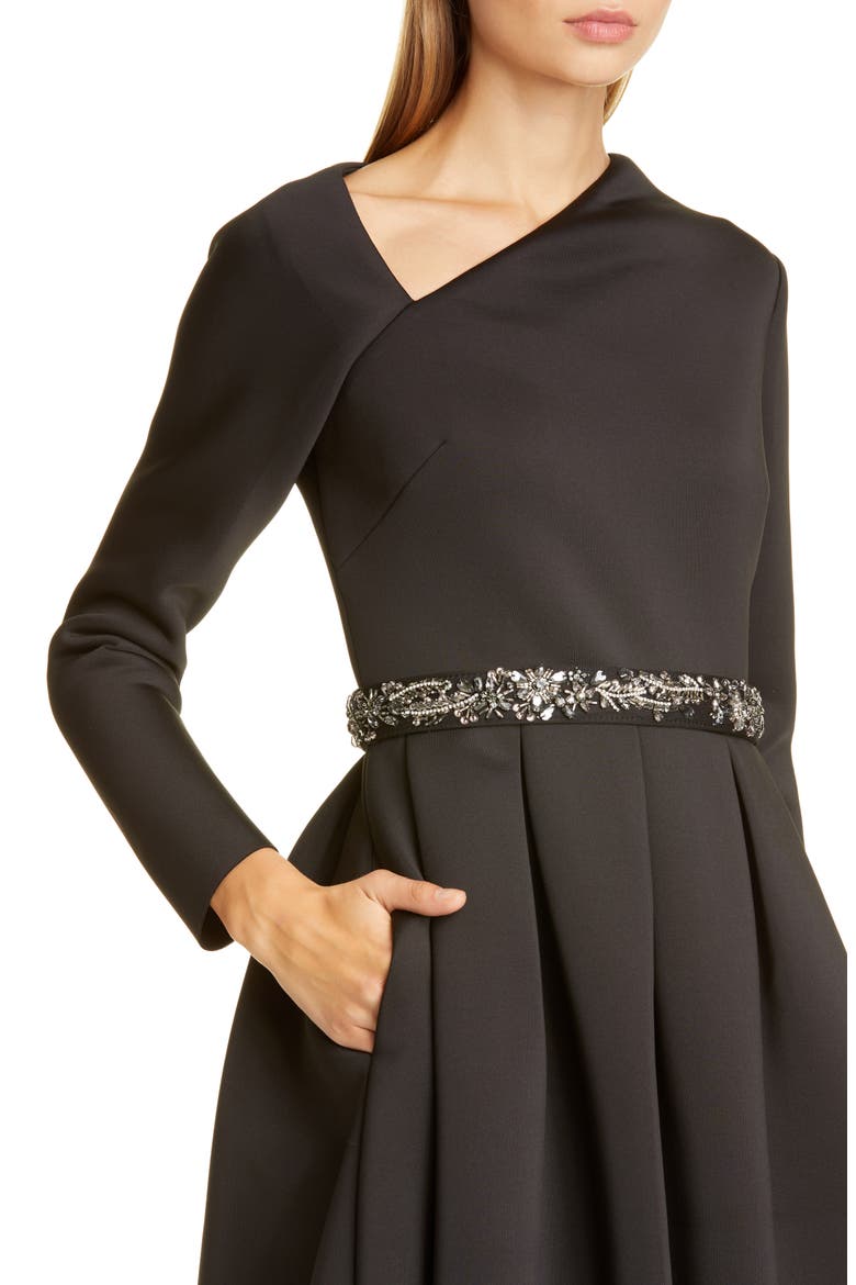 Badgley Mischka Asymmetrical Neckline Fit & Flare Scuba Dress, Alternate, color, BLACK