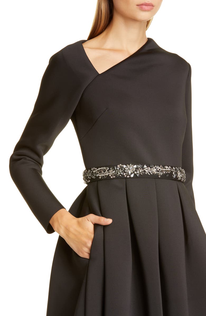 Badgley Mischka Collection Badgley Mischka Asymmetrical Neckline Fit & Flare Scuba Dress, Alternate, color, 