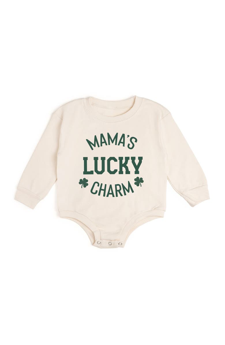 Sweet Wink Mama's Lucky Charm St. Patrick's Day Long Sleeve Romper, Main, color, Natural