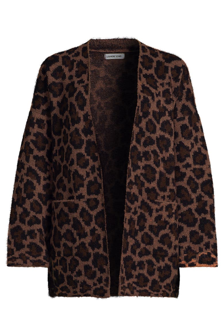 Fuzzy Jacquard Cardigan Jacket Sweater, Alternate, color, Dark Clay Animal Spots