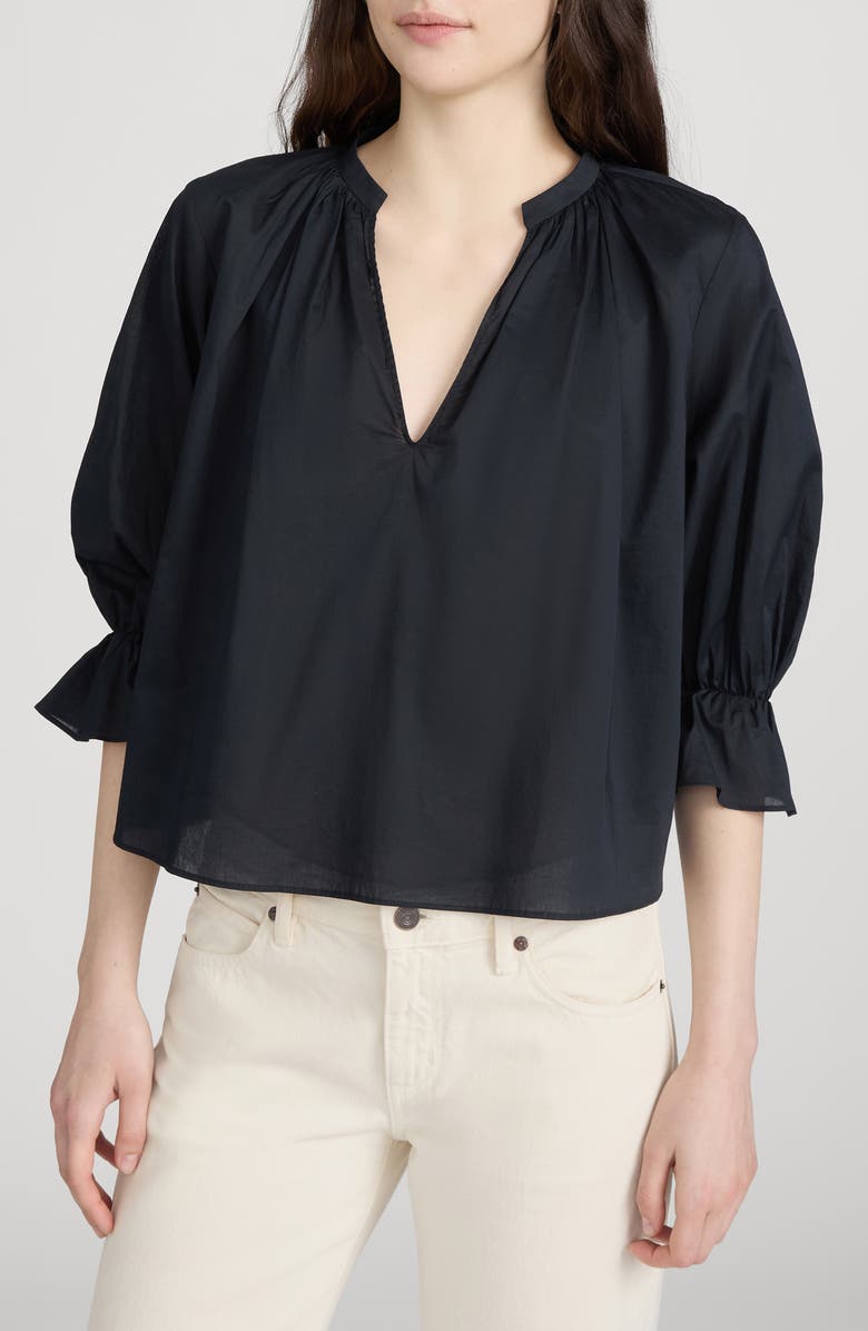 FRAME The Poet Ruffle Sleeve Cotton Top, Main, color, Navy