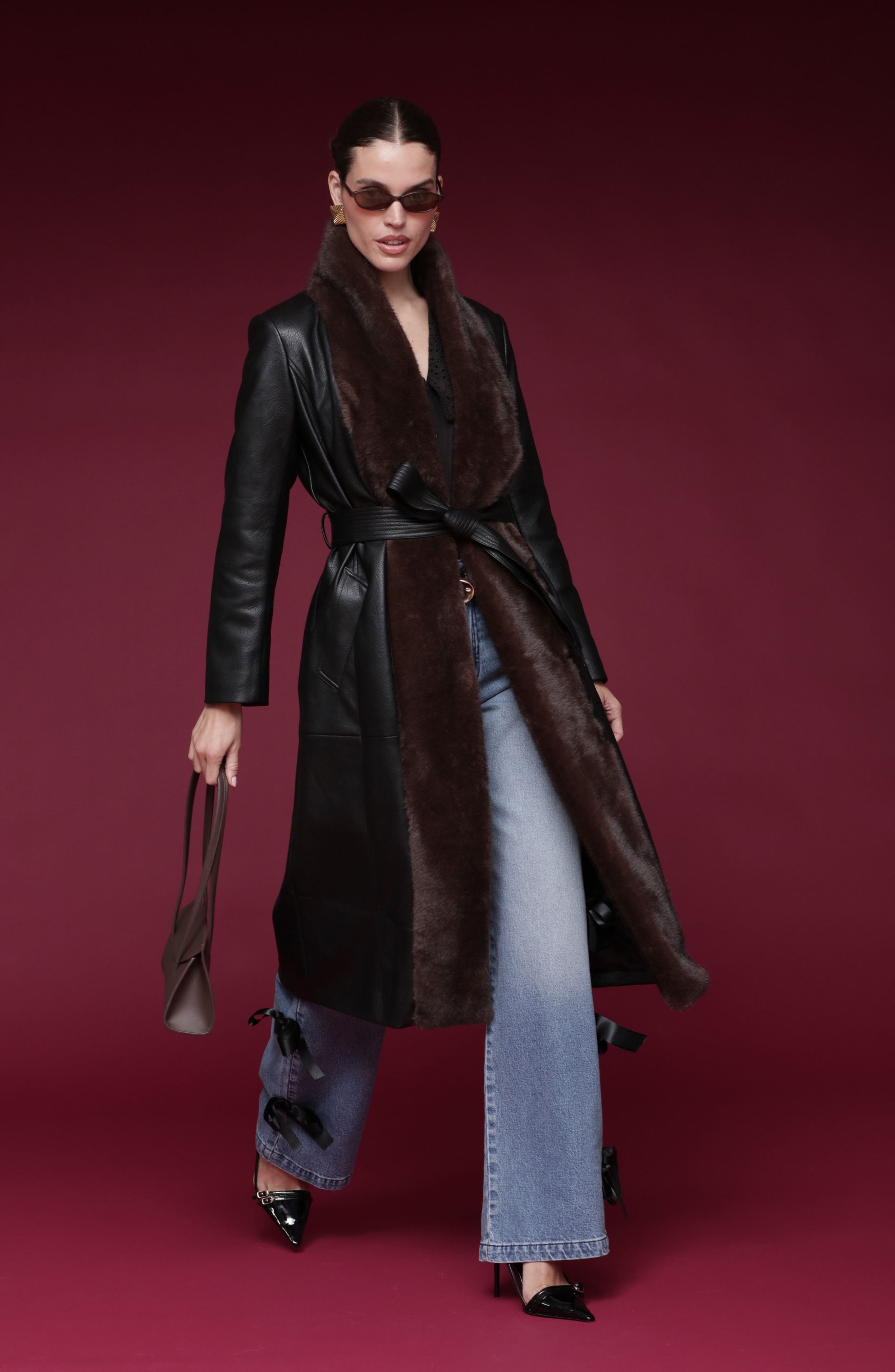 Shawl Collar Faux Leather & Faux Fur Wrap Coat - image 2