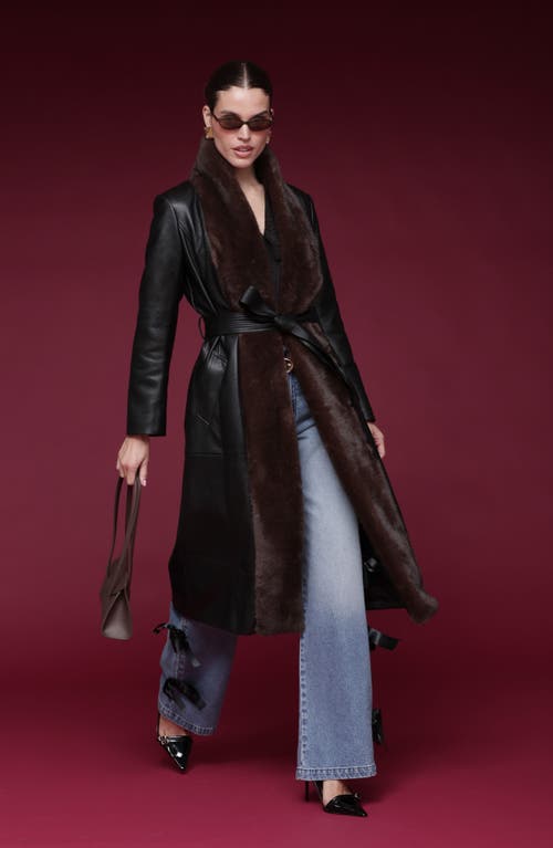 Avec Les Filles Shawl Collar Faux Leather & Faux Fur Wrap Coat In Brown