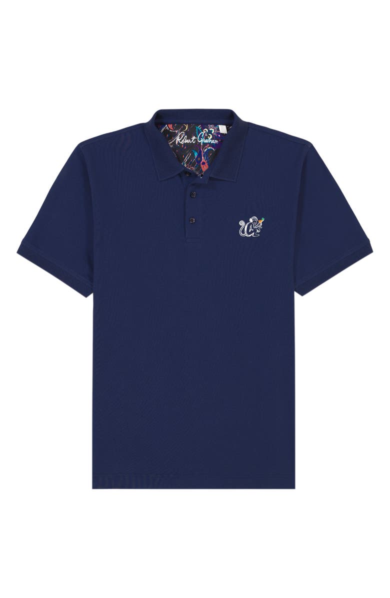 Robert Graham Monkey Business Embroidered Cotton Piqué Polo, Alternate, color, Navy