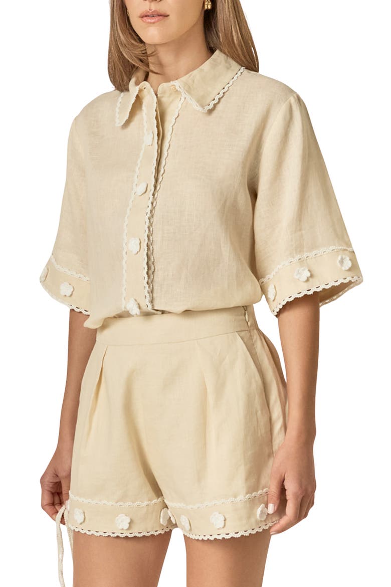 Floral Detailed Short Sleeve Linen Shirt, Alternate, color, LIGHT BEIGE
