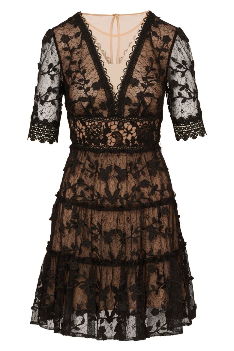 Embroidered Lace Minidress, Alternate, color, BLACK/NUDE