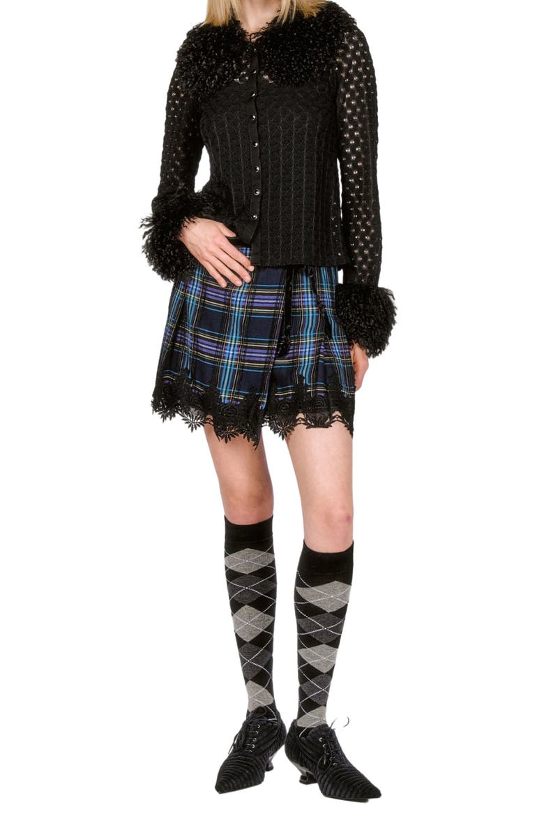 Anna Sui Crochet Knit Faux Curly Lamb Trimmed Top, Alternate, color,