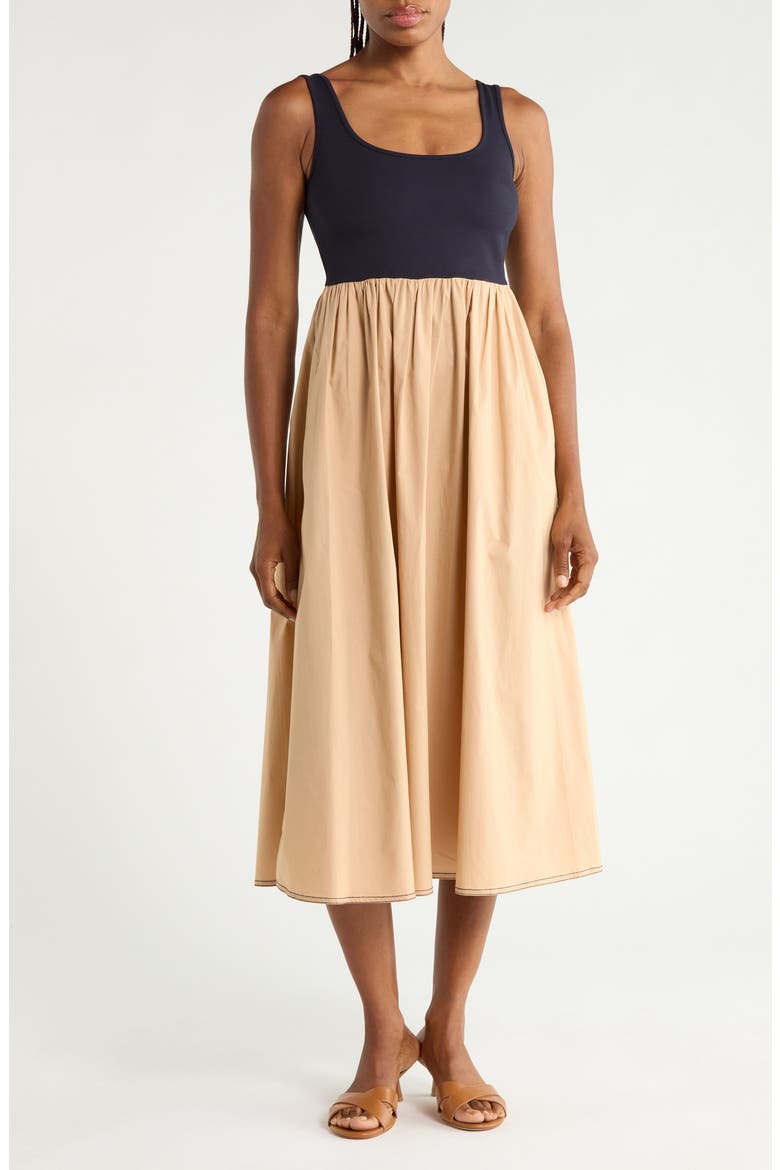 Selena Mixed Media Midi Dress, Main, color, KHAKI/ MIDNIGHT