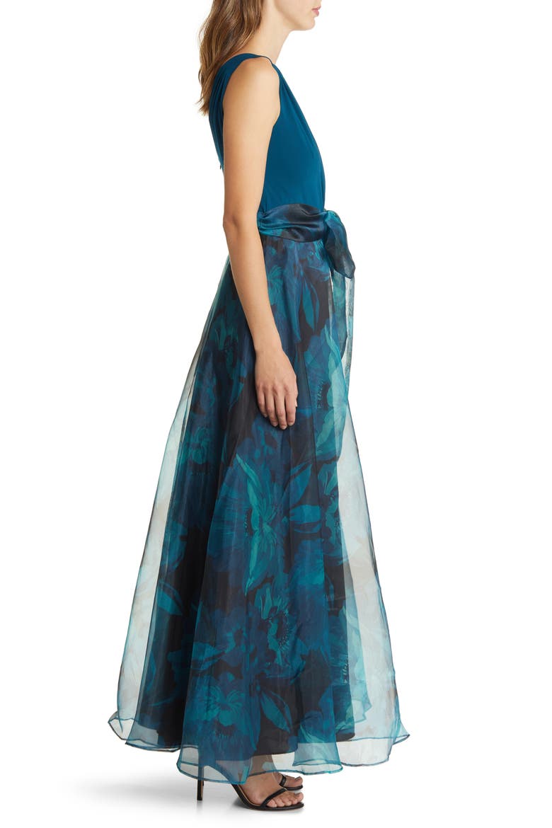 Mixed Media Sleeveless A-Line Gown, Alternate, color, TEAL