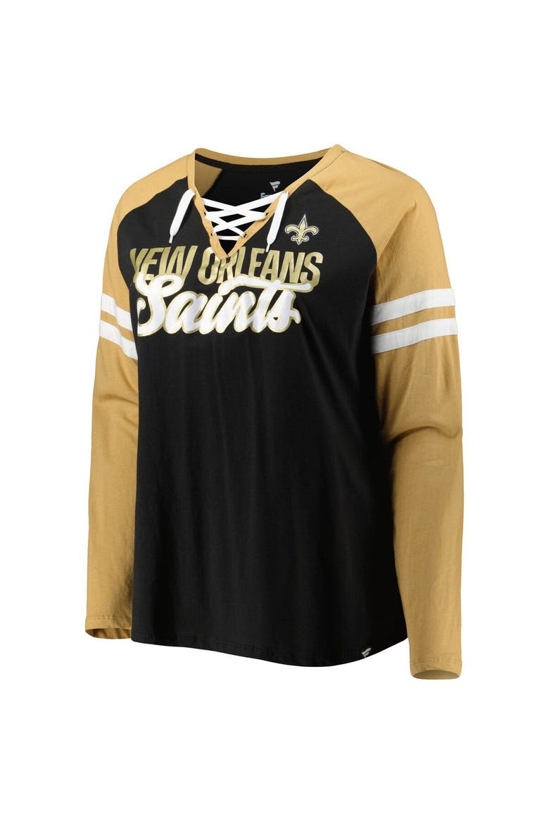 Women's Fanatics Branded Black/Vegas Gold New Orleans Saints Plus Size True to Form Lace-Up V-Neck Raglan Long Sleeve T-Shirt, Alternate, color, Black