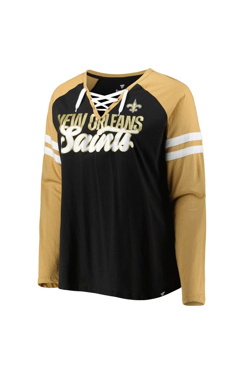FANATICS Women's Fanatics Branded Black/Vegas Gold New Orleans Saints Plus Size True to Form Lace-Up V-Neck Raglan Long Sleeve T-Shirt, Alternate, color, 