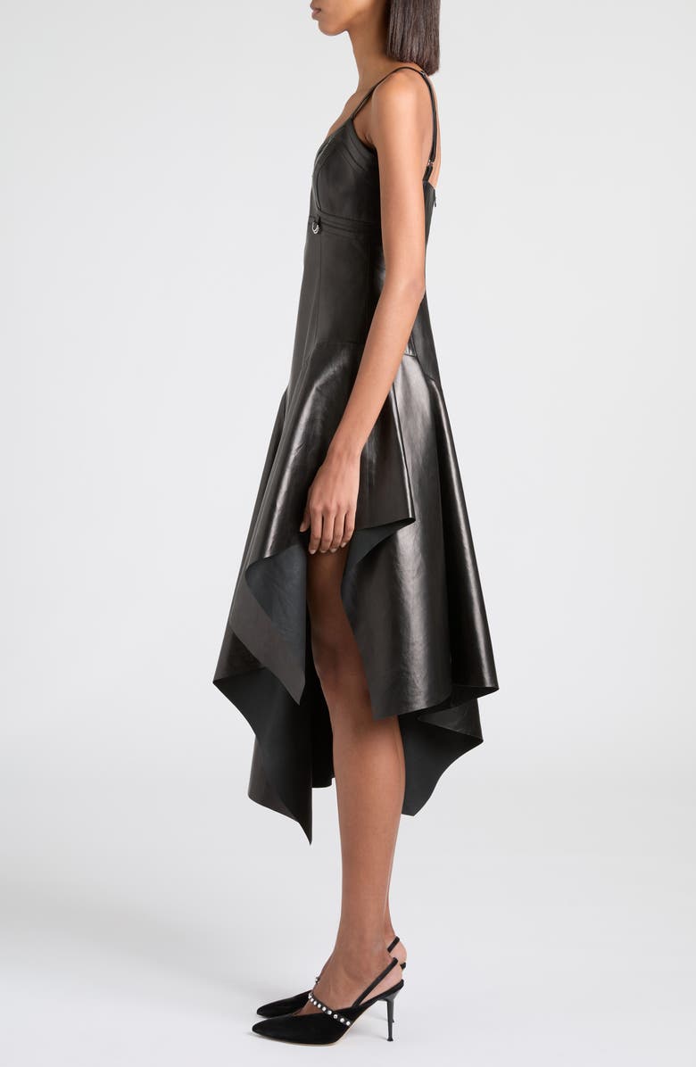 McQueen Asymmetric Draped Leather Dress, Alternate, color, Black