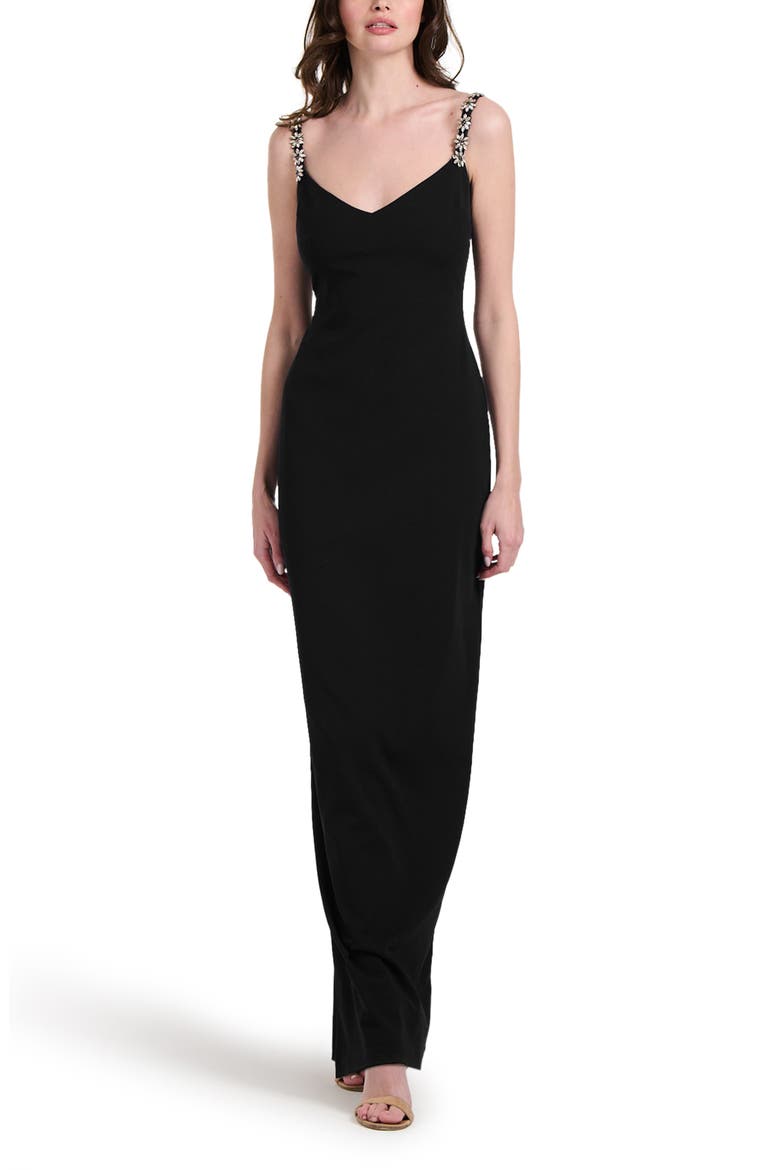 Crystal Flower Strap Stretch Crepe Gown, Alternate, color, BLACK