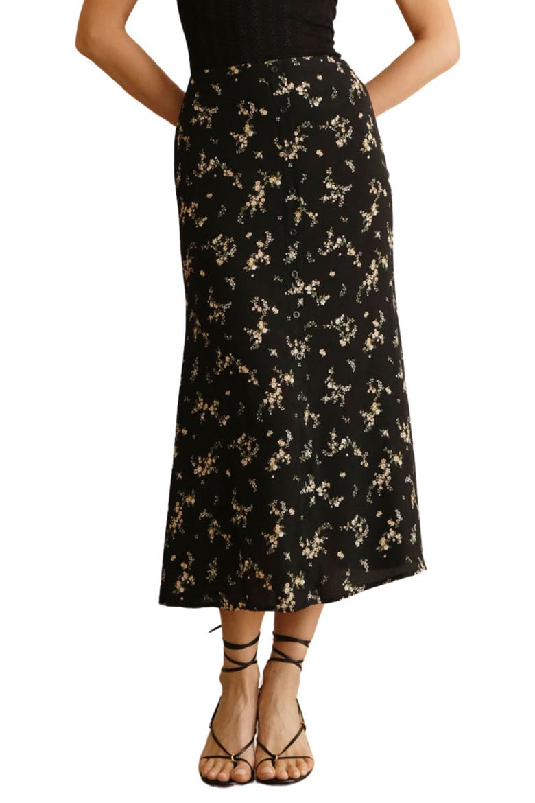 Floral Print Midi Skirt, Main, color, BLACK