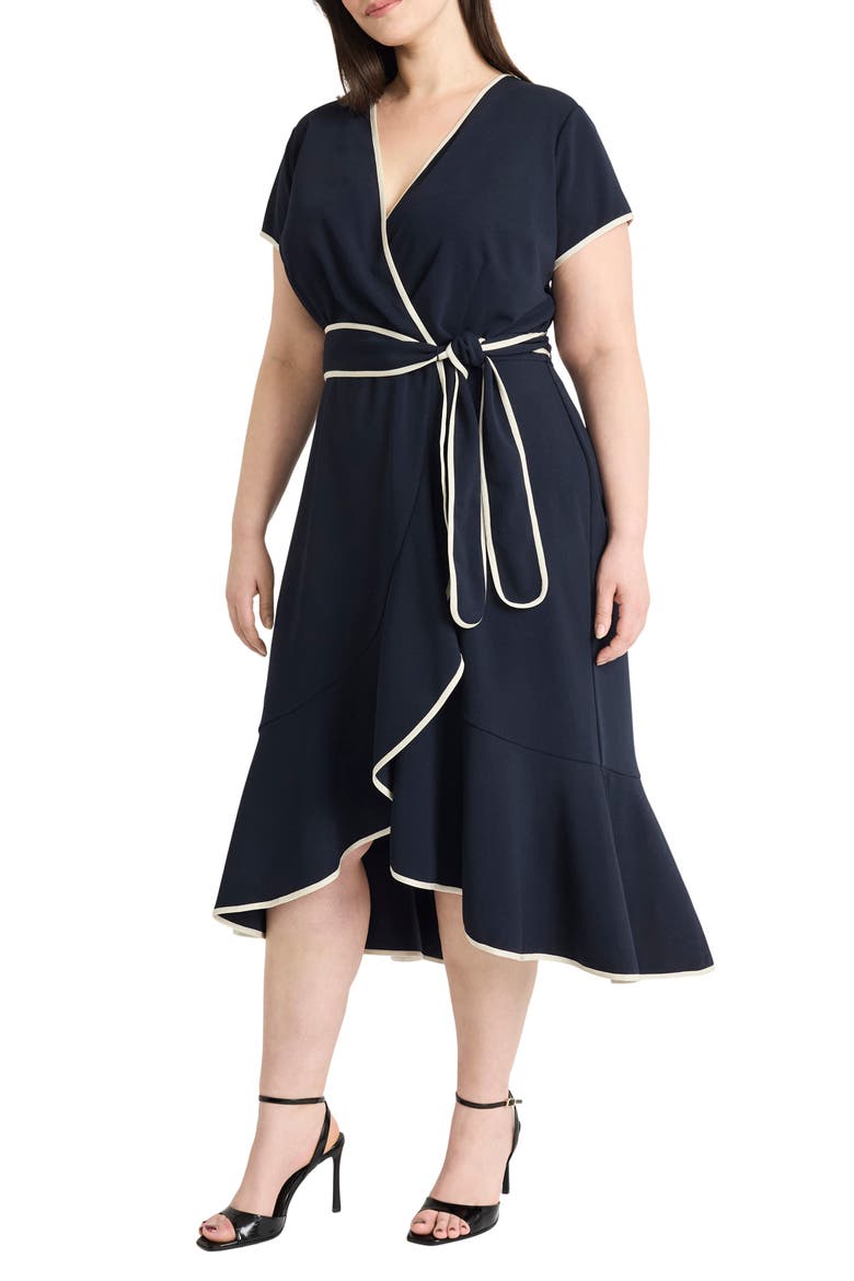 Contrast Trim Short Sleeve Faux Wrap Dress, Alternate, color, TWILIGHT NAVY