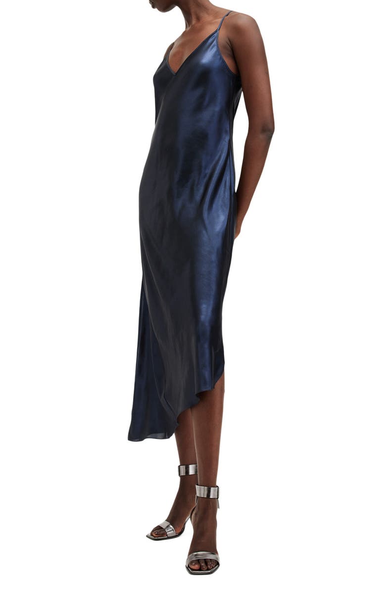 AllSaints Amos Asymmetric Satin Slipdress and Sparkle Sweater Set, Alternate, color, Midnight Blue