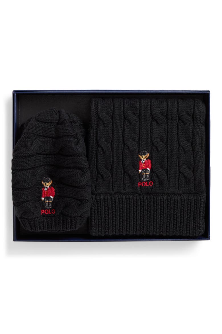 Kids' Polo Bear Cotton Hat & Scarf Set, Main, color, BLACK