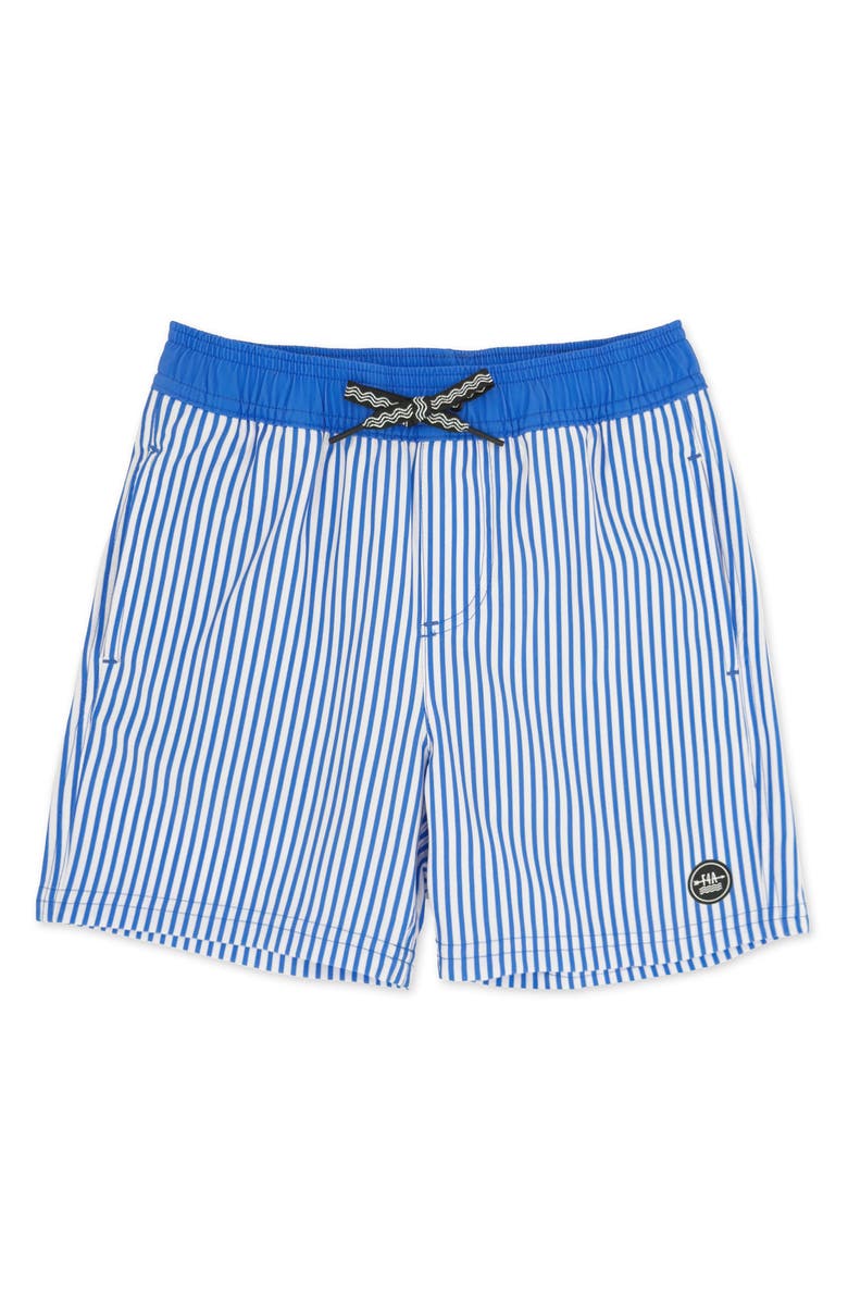 Feather 4 Arrow Kids' Pinstripe Volley Trunks, Main, color, Marina Blue