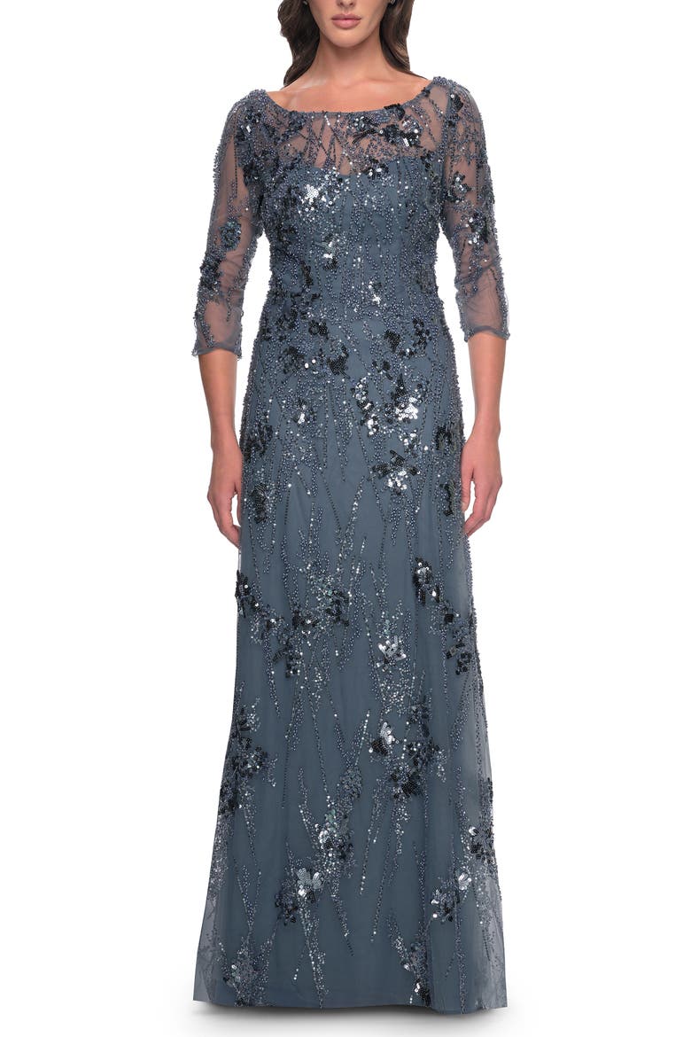 Beaded Long Mother of the Bride Dress with Illusion Top, Main, color, Slate Gray