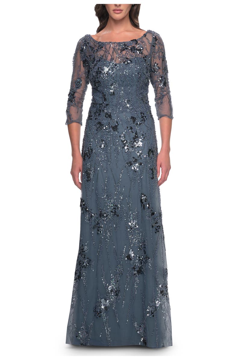 La Femme Beaded Long Mother of the Bride Dress with Illusion Top, Main, color, Slate Gray