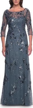 La Femme Beaded Long Mother of the Bride Dress with Illusion Top