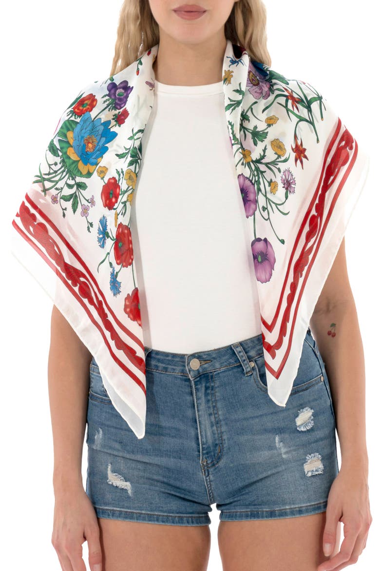 Floral Satin Square Scarf, Main, color, RED