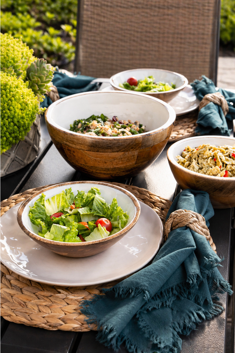 Wood + White Collection Mango Wood, Set of 4 Serving Bowls, 7", Alternate, color, White, Brown