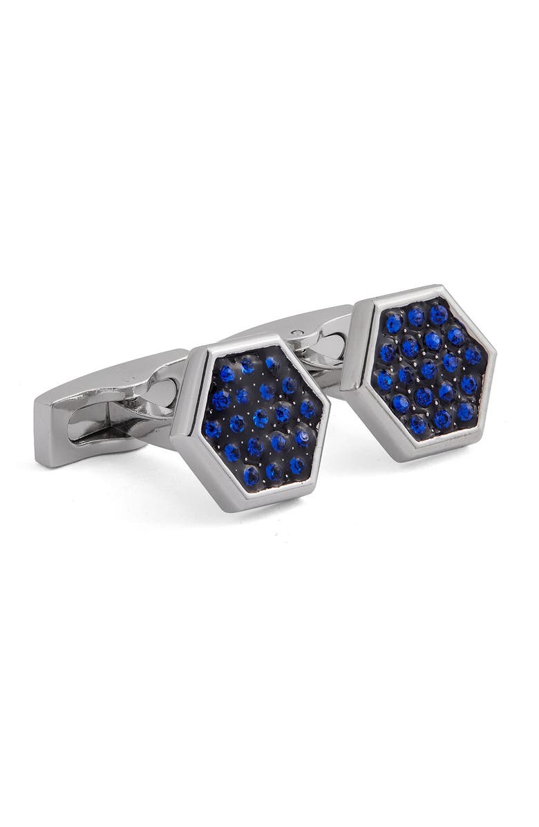 Hickey Freeman Rhodium Plated Embellished Blue Cuff Links, Main, color, 