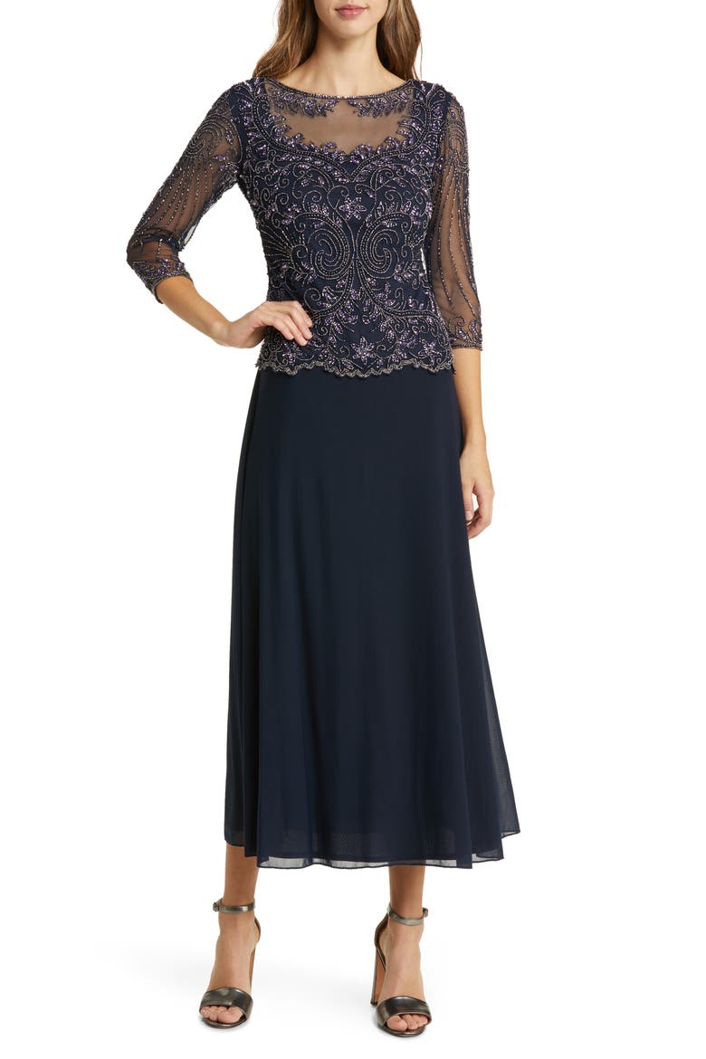 pisarro nights beaded dress petite Pisarro Nights Petite Size 3/4 Sleeve Scoop Neck Beaded Mesh Dress