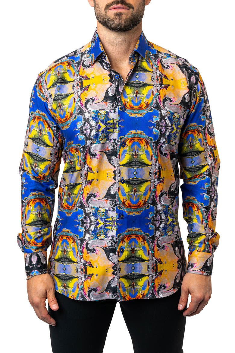 Fibonacci Acid Trip Contemporary Fit Button-Up Shirt, Main, color, BLUE