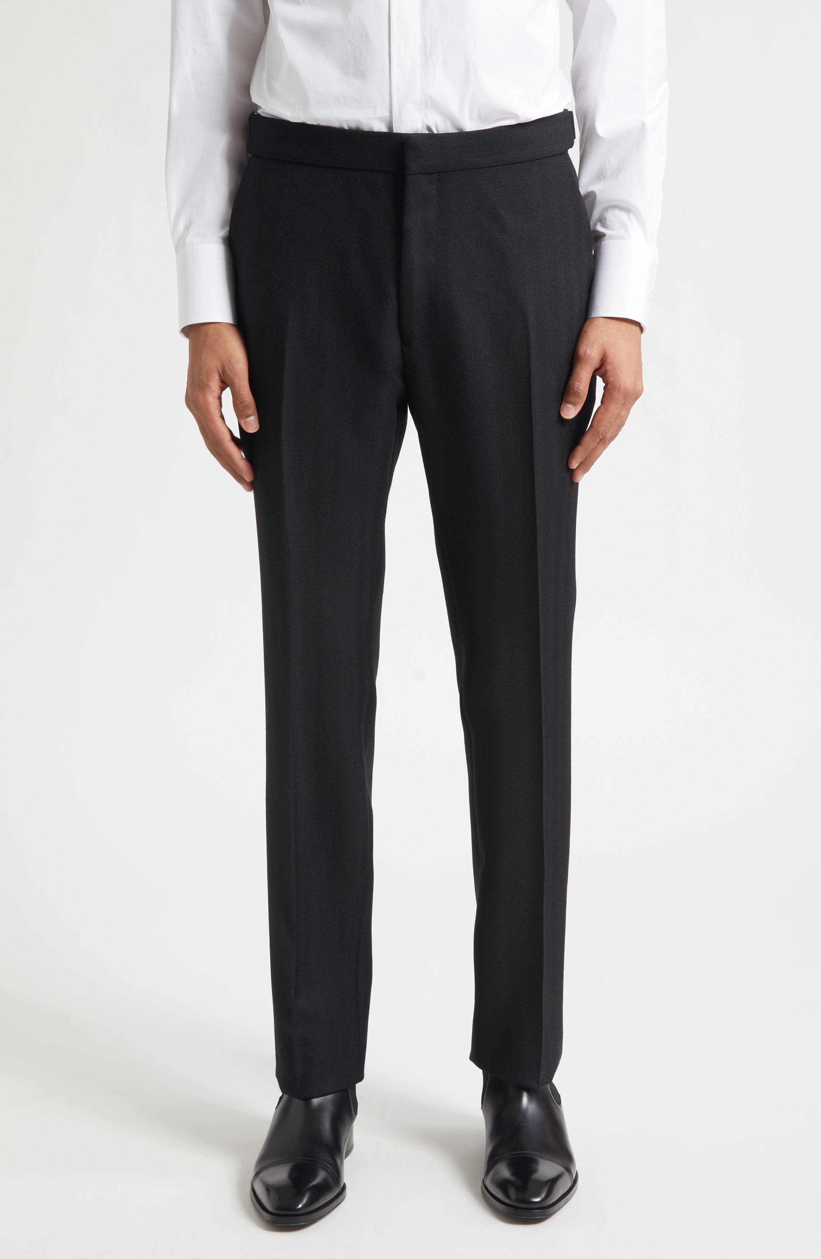 Flat Front Wool Herringbone Trousers