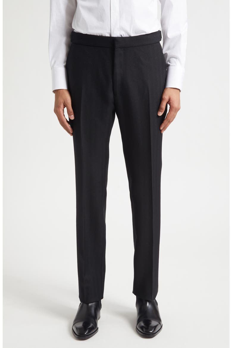 Flat Front Wool Herringbone Trousers, Main, color, NAA BLACK