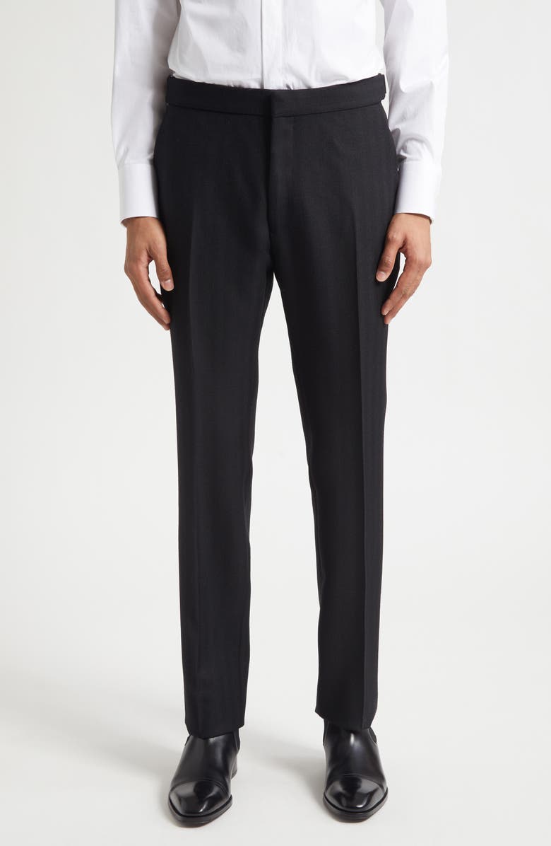 TOM FORD Flat Front Wool Herringbone Trousers, Main, color, Naa Black