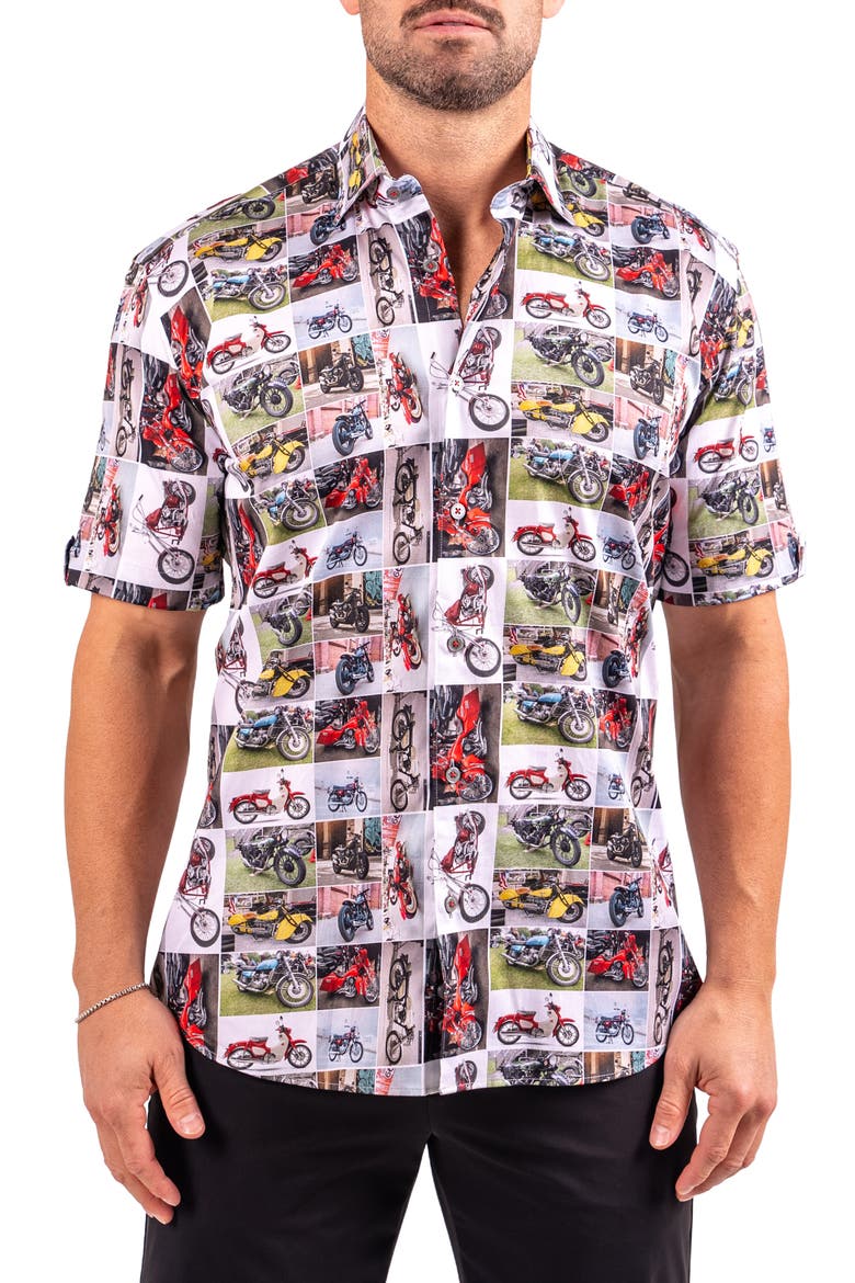 Galileo Resistance0340 White Motorcycle Print Short Sleeve Cotton Button-Up Shirt, Main, color, WHITE