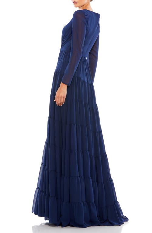 Mac Duggal Long Sleeve Ruffle Tiered Evening Gown In Blue