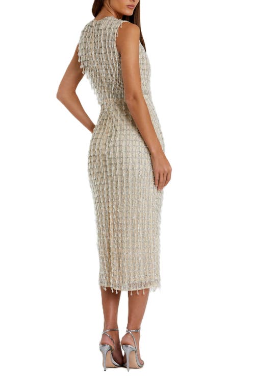 Mac Duggal Dazzling Sleeveless High Neck Beaded Midi Sheath Dress In Nude