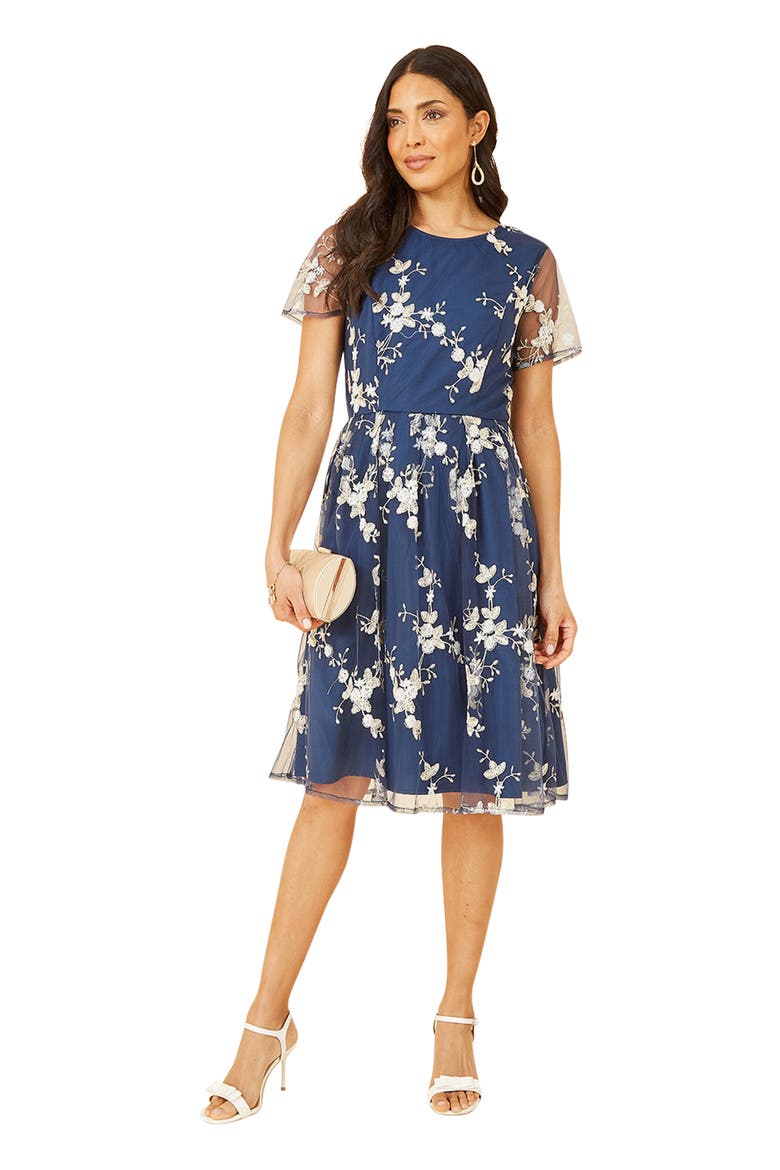 Embroidered Floral Skater Dress, Alternate, color, Navy
