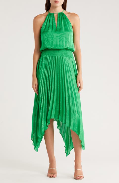 Gia Palm Print Metallic Satin Jacquard Handkerchief Hem Dress