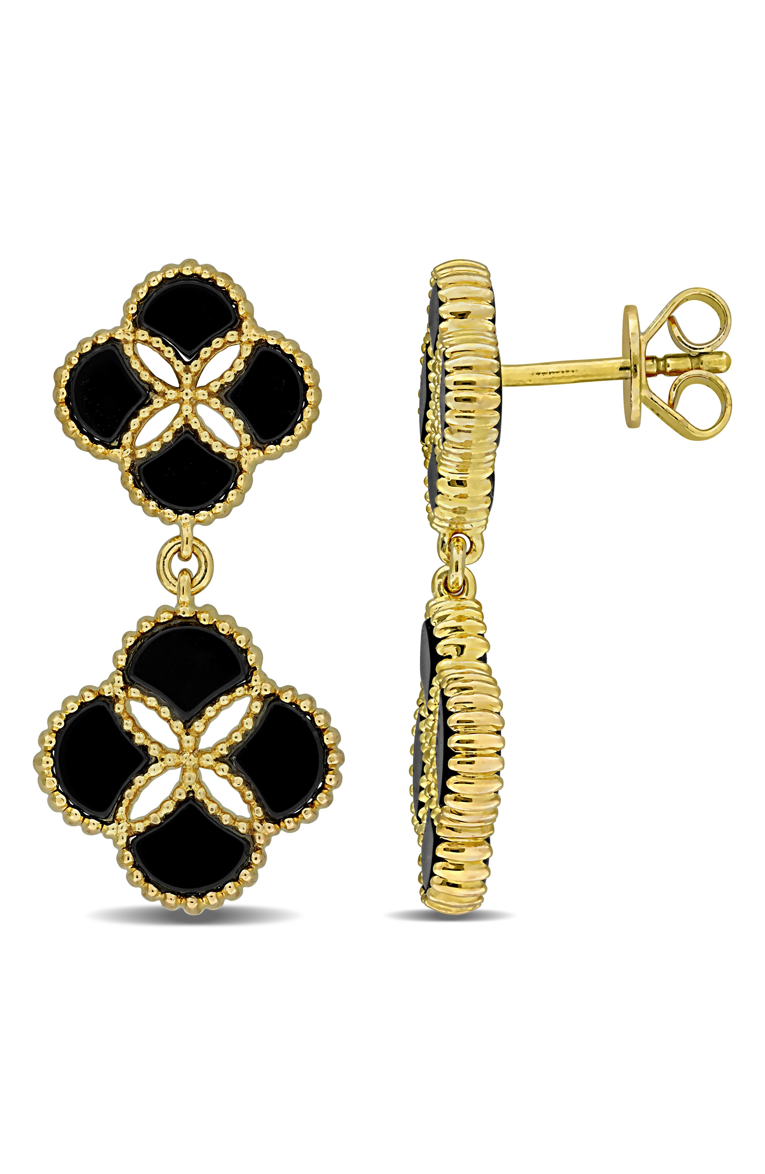 Black Agate Quatrefoil Drop Earrings