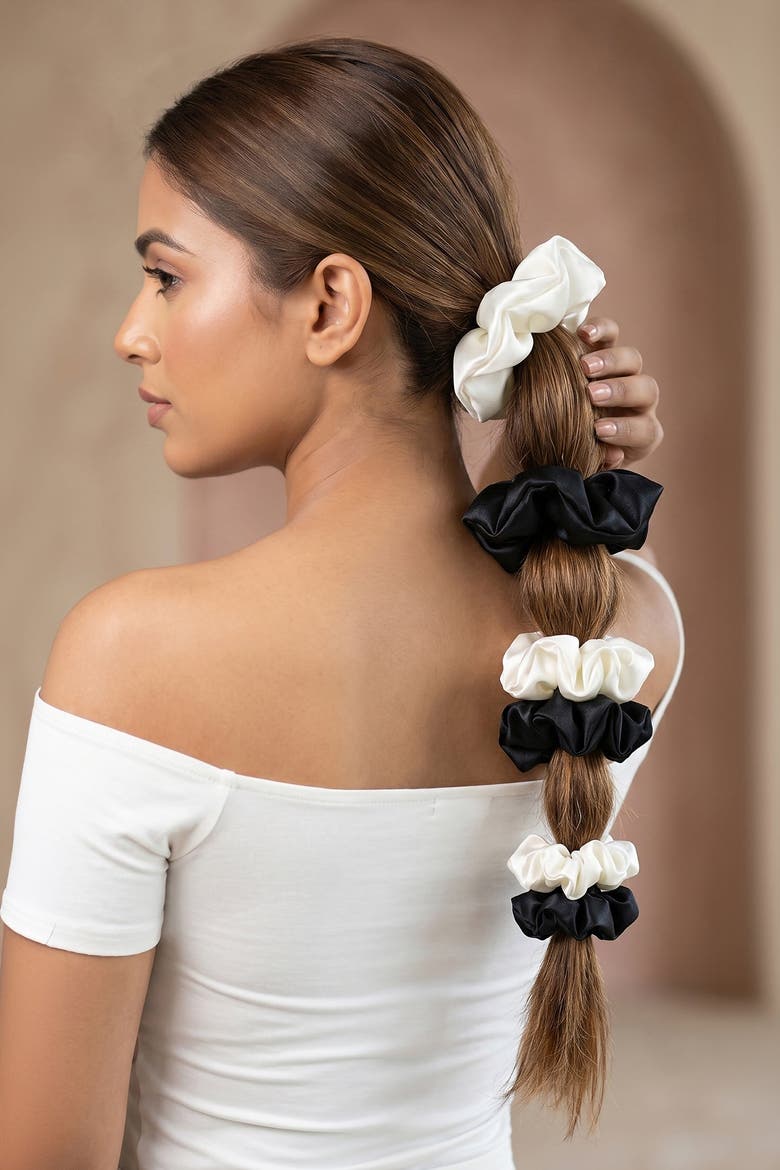 Black & White Silk Satin Scrunchies - Set of 6, Alternate, color, White